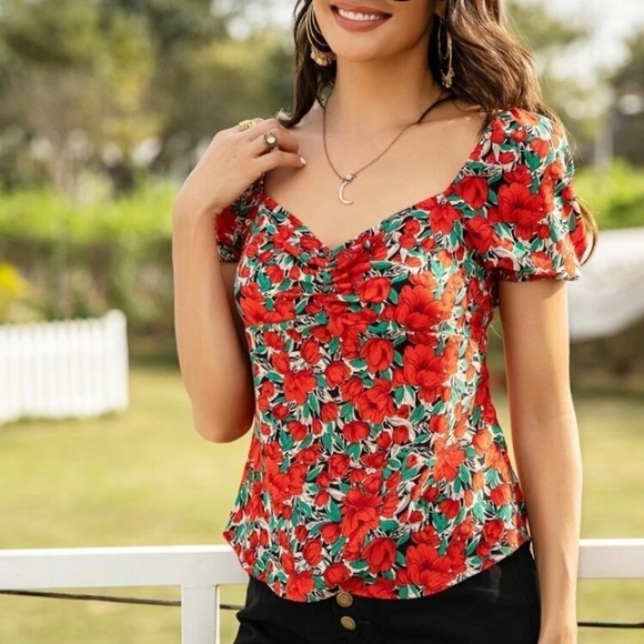 Floral Print Red and Green Puff Sleeve Blouse Top Size Small S - Picture 15 of 16